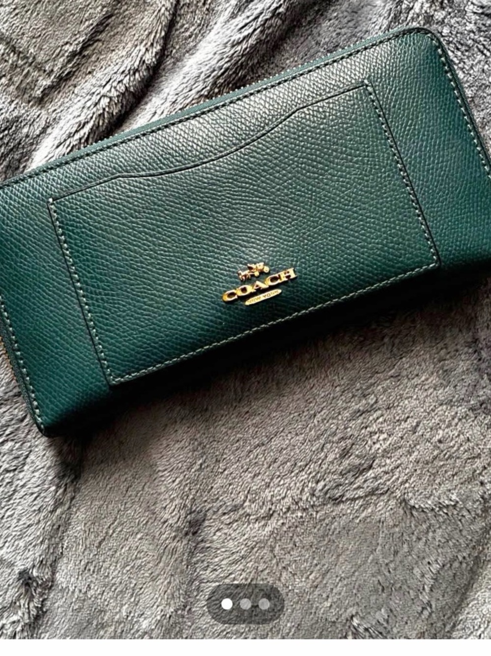 Coach Dark Green Pebbled Leather Zip Wallet with Gold Logo